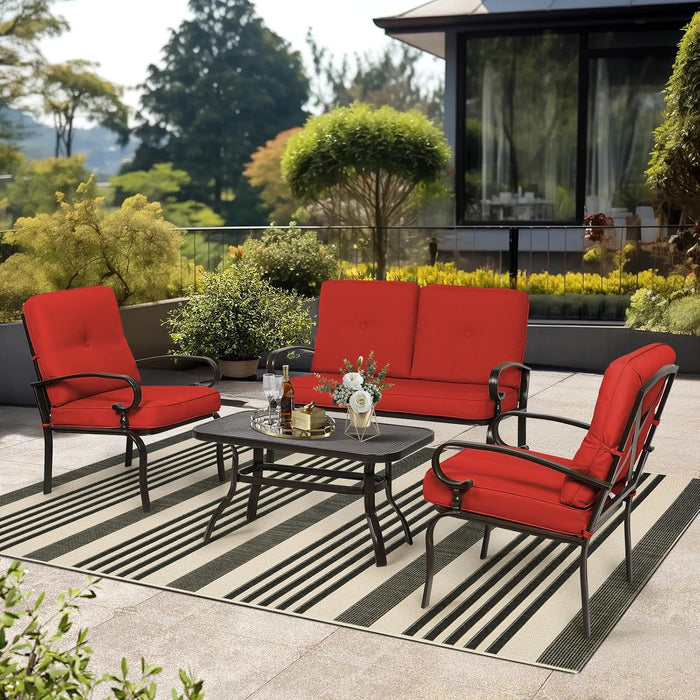 4Pcs Metal Outdoor Furniture Patio Conversation Set (Loveseat and Coffee Table, 2 Dining Chair) -Wrought Iron Patio Chair Set with Cushions (Red)