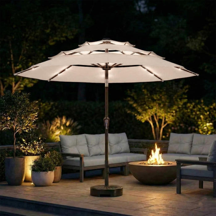 10Ft 3-Tier Patio Umbrella with 32 Solar Powered LED Lights, Windproof Outdoor Market Umbrella for Deck, Poolside & Garden, Sturdy Push-Button Tilt Table Umbrella, Beige