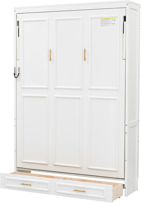 Full Size Murphy Bed with Drawers, Solid Wood Murphy Bed Cabinet, Storage Bed Cabinet for Bedroom, Office, Space-Saving, No Box Spring Needed, Beige