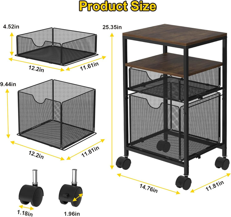 Rolling File Cart, File Cart for under Desk Storage, Mobile Wood & Mesh Filing Cabinet with Sliding Drawer, for A4, Hanging File Folders, Printer, 14.7" L X 11.8" D X 25.3" H