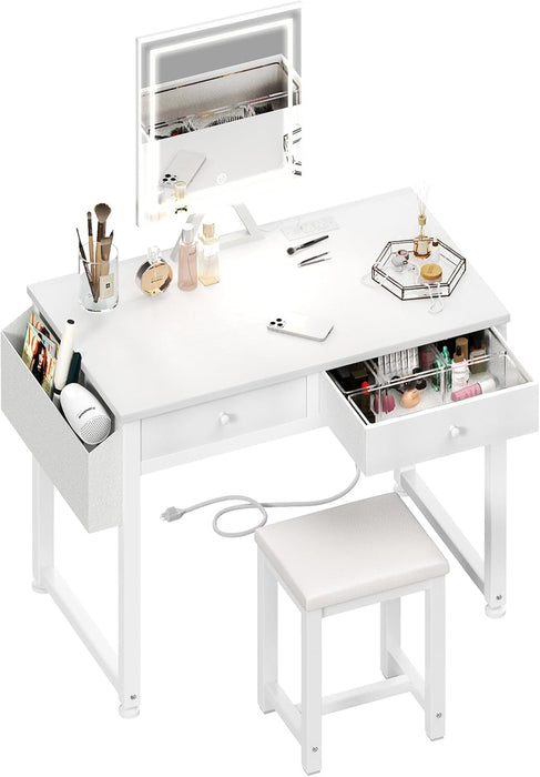 Small Makeup Vanity Desk with Fabric Drawers, 32 Inch White Vanity Desks with Mirror and Light, Dressing Table and Chair Set with Power Outlet for Girls Bedroom, White