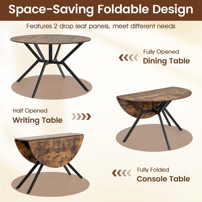 Folding Dining Table for 4, 47" round Kitchen Table for Small Space | Drop Leaf Kitchen Table W/Sturdy Metal Frame, Space-Saving Expandable Dinner Table for Dinette, Living Room, Apartment, Brown
