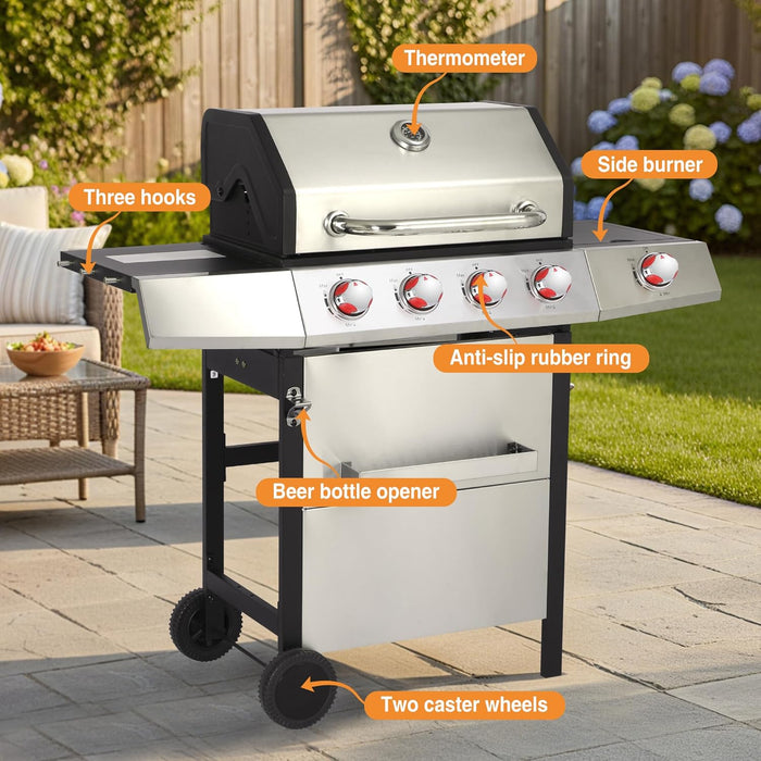 5-Burner Propane Gas Grill W/Side Burner & Charcoal Tray, 4-In-1 Outdoor BBQ Griddle Combo, Heavy Duty Stainless Steel Double Lid, 448 Sq in Cast Iron Cooking Surface for Backyard Patio
