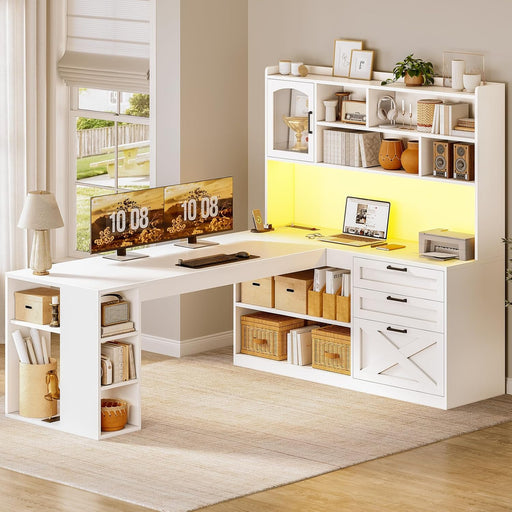 Farmhouse L Shaped Office Desk with Drawers, 61” Computer Desk with Storage Shelves and Power Outlet, Corner Gaming Desk with LED Light and Display Cabinet for Home Office (White)