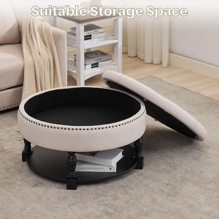 31.5" Large round Storage Ottoman, Upholstered Tufted Linen Ottoman Coffee Table, Large Footrest with Solid Wooden Legs Wood Shelf Storage, Side Table for Living Room Bedroom Office, Beige