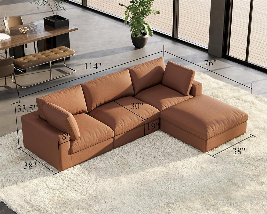 Modular Sectional Sofa, 114 Inches Oversized down Filled Sectional Sofa, 4 Seats L Shaped Cloud Couch with Chaise, Ottoman, Comfy Sofa for Living Room, Brown Anti-Scratch Leathaire Couch Set