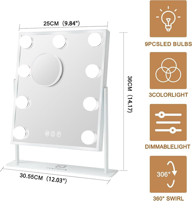 Vanity Mirror with Light Lighted Makeup Mirror Vanity Makeup Mirror Smart Touch Control 3Colors Dimable Light Detachable 10X Magnification 360°Rotation(White)