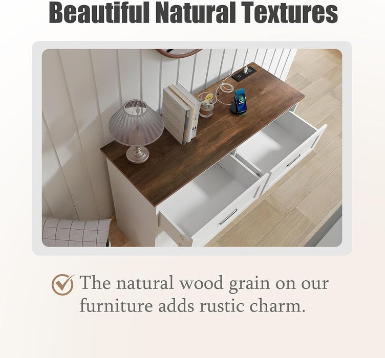 Farmhouse Dresser for Bedroom 6 Drawers Dresser with Power Outlets Rustic Chest of Drawers with Natural Texture White Organizer for Living Room Hallway