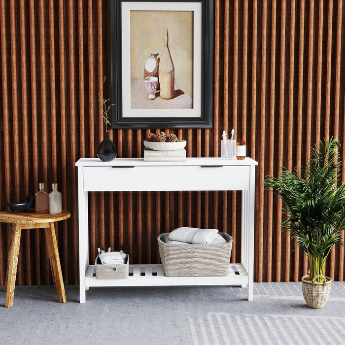 White Narrow Console Table with Drawer Storage Shelf, Modern Wooden Entryway Sofa Table, 39 Inch Slim behind Couch Table, Side Display Console Table for Living Room,Office,White