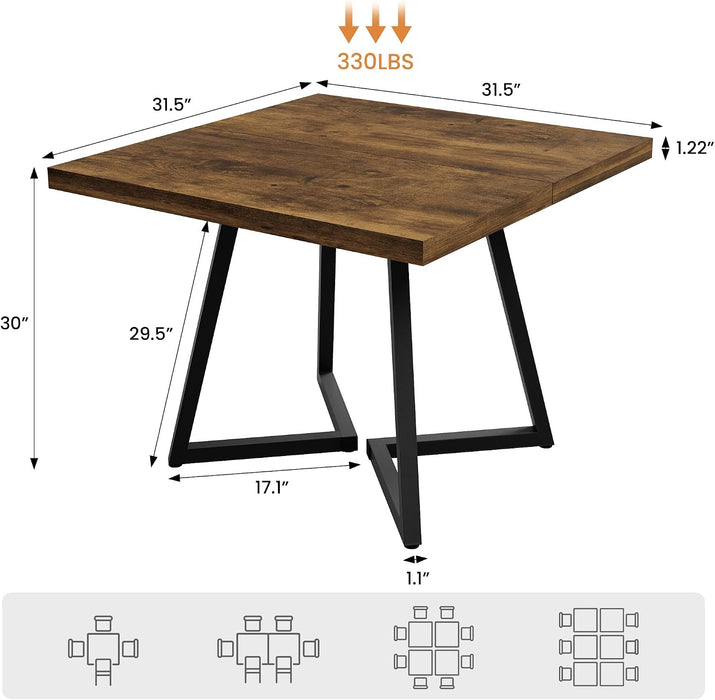 Square Kitchen Dining Table for 2, Small Ktichen Table with Metal Base, 31.5" Modern Dinner Table for Dining Room Apartment Restaurant, Rust Brown
