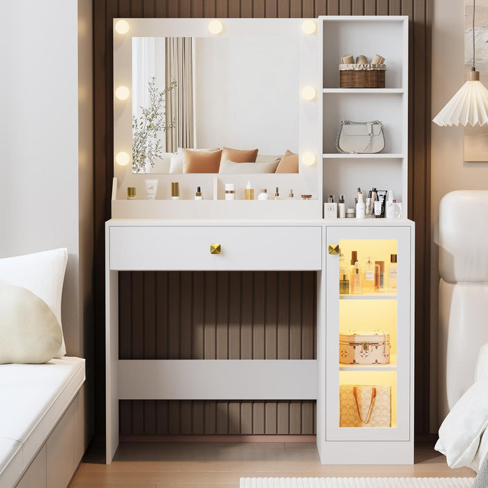 Makeup Vanity with Mirror and Lights, 34''W Dressing Table with Charging Station & RGB Glass Cabinet, Small Vanity Desk with 3 Color Lighting Modes & Adjustable Brightness