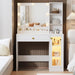 Makeup Vanity with Mirror and Lights, 34''W Dressing Table with Charging Station & RGB Glass Cabinet, Small Vanity Desk with 3 Color Lighting Modes & Adjustable Brightness