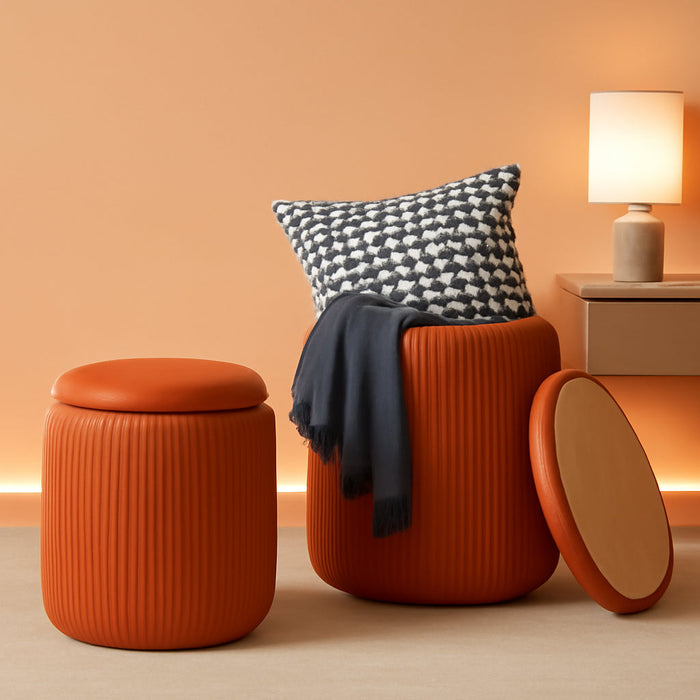 Orange round Storage Ottoman Set of 2, Large Velvet Ottoman with Storage, Multifunctional Vanity Stool, Small Pouf Ottomans Foot Stool, Storage Stools for Living Room, Bedroom