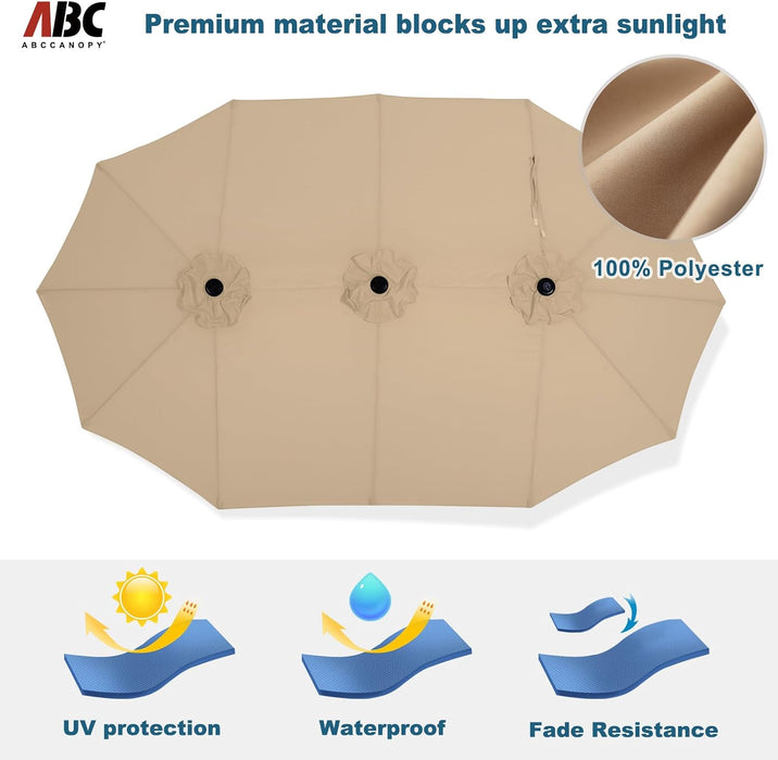 15FT Patio Umbrella with Base, Outdoor Double-Sided Rectangle Umbrella Bonus Latch, Wights for Poolside, Lawn, Backyard (Khaki)