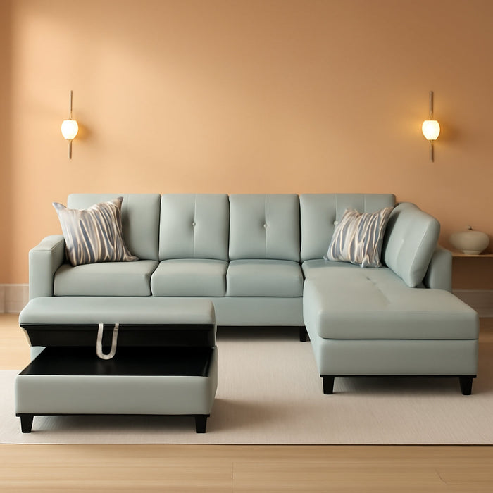 L-Shaped 3-Piece Semi PU Synthetic Leather Sofa with Storage Ottoman Set, Sectional Couch Sofa Set for Living Room, Office, Small Space, Silver Green