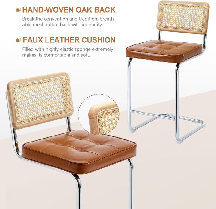 Natural Rattan Bar Stools Set of 2, Modern Counter Height Stools with Solid Wood Back, 26'' Counter Height Chairs, Mid Century Cantilevered Bar Chairs for Kitchen Island, Faux Leather Brown
