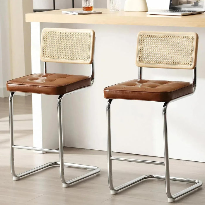 Natural Rattan Bar Stools Set of 2, Modern Counter Height Stools with Solid Wood Back, 26'' Counter Height Chairs, Mid Century Cantilevered Bar Chairs for Kitchen Island, Faux Leather Brown