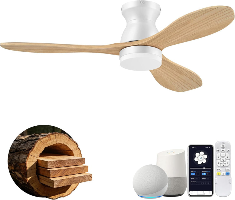 42In Wood Flush Mount Ceiling Fans with Lights Remote,Smart,Low Profile | Alexa/App Control,Easy Install,Quiet,Light Wood White,Hugger LED Ceiling Fan for Outdoor Indoor Porch Kitchen Bedroom,3 Blade