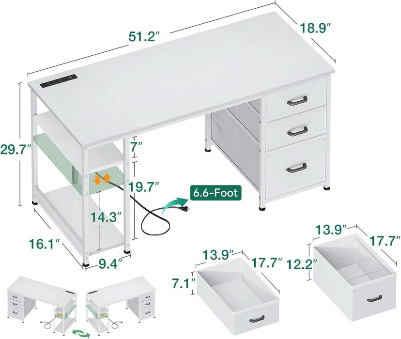 51 Inch Computer Desk with Fabric Drawers & USB Power Outlets- Reversible Home Office Desk with Storage Shelves, Work from Home, Modern Work/Writing/Study Table for Bedroom, White
