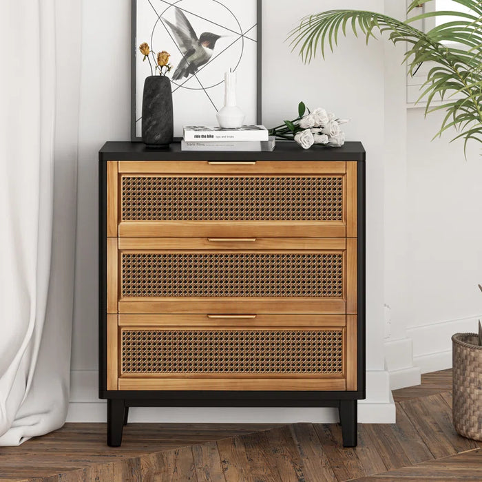 Aril 3-Drawer Woven Cane Front Accent Chest, Mid Century Modern 3 Drawers Nightstand