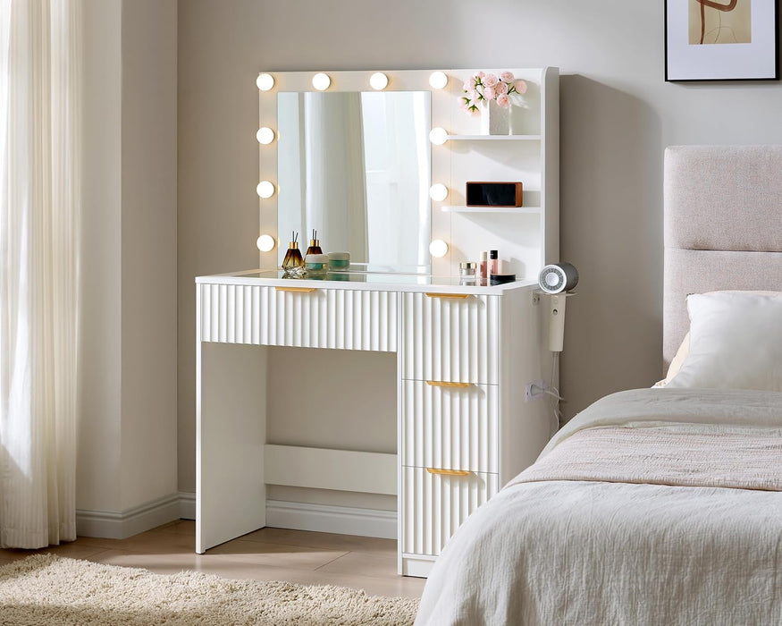 36Inch ElegantFluted White Vanity Desk With LEDMirror