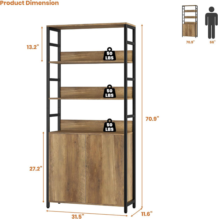 71" Tall Bookshelf with Doors and Adjustable Shelf, Brown | Industrial Display Standing Shelf Rack with 3-Tier Shelves, Bookcase with Protective Rails for Living Room, Office