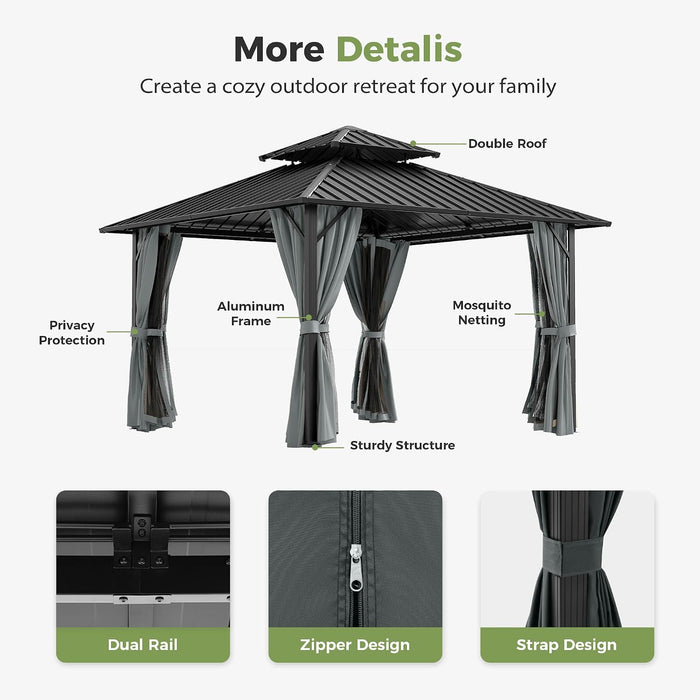 12x12 Aluminum Hardtop Gazebo Grey Weatherproof Roof