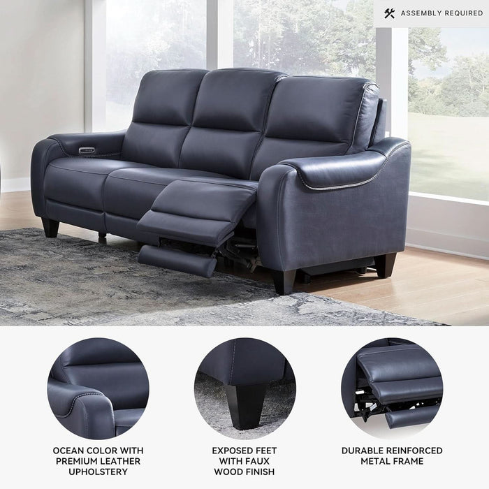 Mercomatic Contemporary Leather Match Wall Hugger Power Reclining Sofa with Adjustable Headrest and USB Ports, Blue