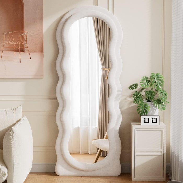 Full Length Mirror, 63"X24" Wavy Floor Mirror, Arched Standing Mirrors Full Length, Cloud Shaped Flannel Wall Mirror, Dressing Body Mirrors Hanging or Leaning against Wall for Bedroom (White)