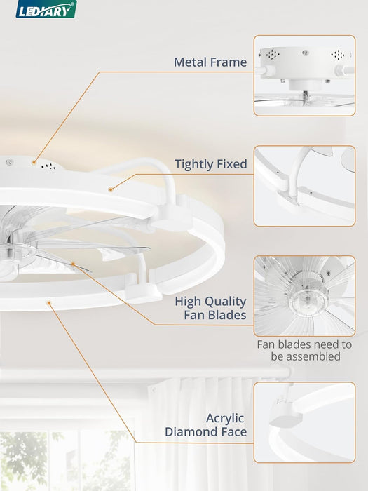 Ceiling Fans with Lights and Remote, 24'' Low Profile Ceiling Fan with Light, 3000-6000K Dimmable Fandelier LED Fan Light, 6 Wind Speeds, White Modern Flush Mount Ceiling Fan for Bedroom