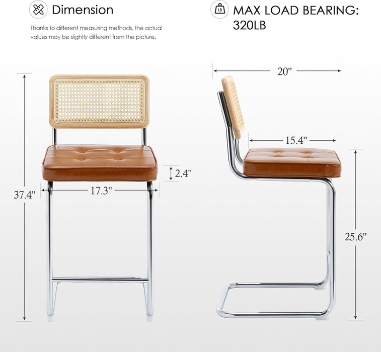 Natural Rattan Bar Stools Set of 2, Modern Counter Height Stools with Solid Wood Back, 26'' Counter Height Chairs, Mid Century Cantilevered Bar Chairs for Kitchen Island, Faux Leather Brown