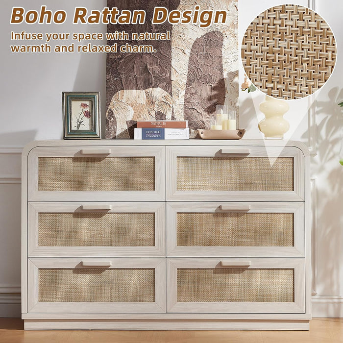 Rattan 6 Drawer Dresser for Bedroom, Grey White