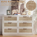 Rattan 6 Drawer Dresser for Bedroom, Grey White