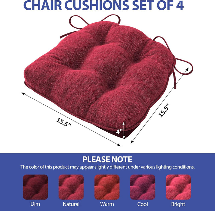 Chair Cushions for Dining Chairs Set of 4, Indoor Kitchen Chair Cushions with Ties and Non Slip Backing, Tufted Memory Foam Seat Cushions, Chair Pads 4 Pack, 15.5" X 15.5" X 4", Red