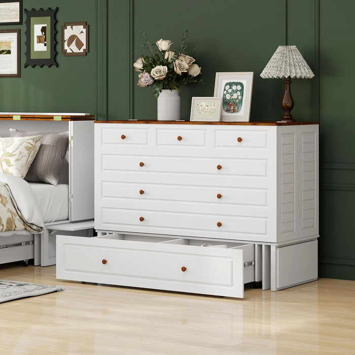 Queen Murphy Bed Included Mattress：Wood Murphy Bed Cabinet with USB Charging Station and Large Storage Drawer for Bedrooms/Guest Rooms/Apartments, White-1