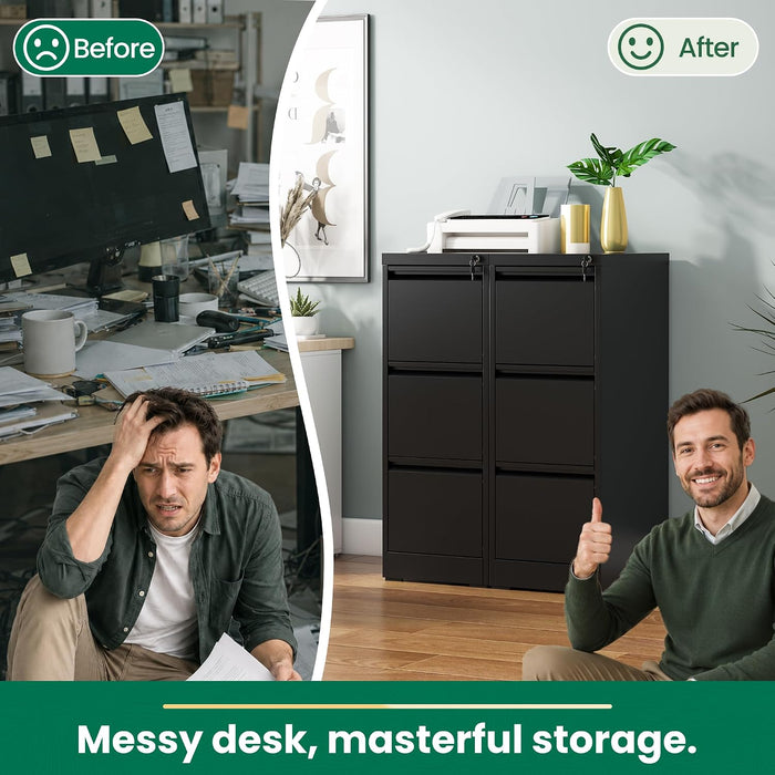 3 Drawer File Cabinet with Lock, Vertical Filing Cabinets for Home Office, Metal Storage Cabinets, Heavy Duty File Cabinet for Letter/Legal/A4/F4 Size Amsseble Required, Black