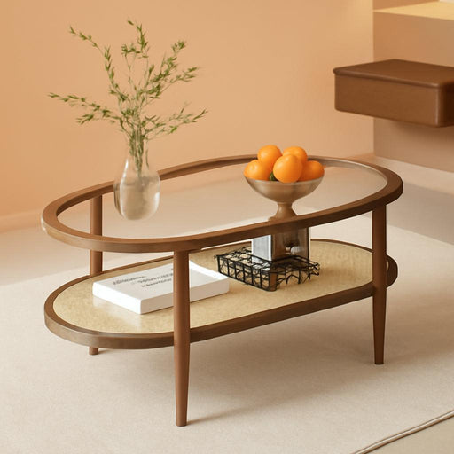 Rattan Coffee Table, 2-Tier Oval Acacia Wood Tea Table W/Tempered Glass Tabletop & PE Rattan Storage Shelf, Boho Cocktail Tables, Mid Century Modern Center Table for Living Room Office, Brown