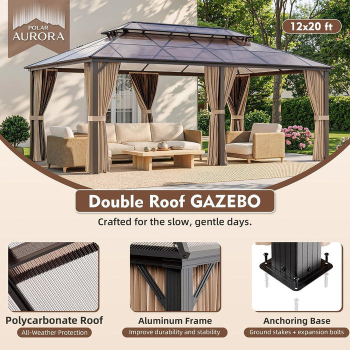 12x20 Polycarbonate Gazebo Dark Brown Aluminum Frame
