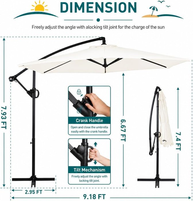 Large 9FT Offset Patio Umbrella with Cantilever Crank & Infinite Tilt, Heavy Duty Outdoor Hanging Umbrella with Cross Base for Backyard, Deck, Poolside