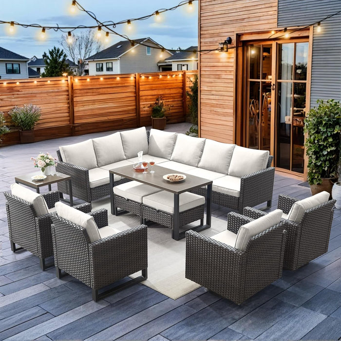 10 Piece Patio Furniture PE Wicker 6-Seater Outdoor Sectional Sofa with Dinning Table Patio Swivel Chairs Outdoor Chairs for Porch,Garden,Backyard,Deck(Brown/Beige)