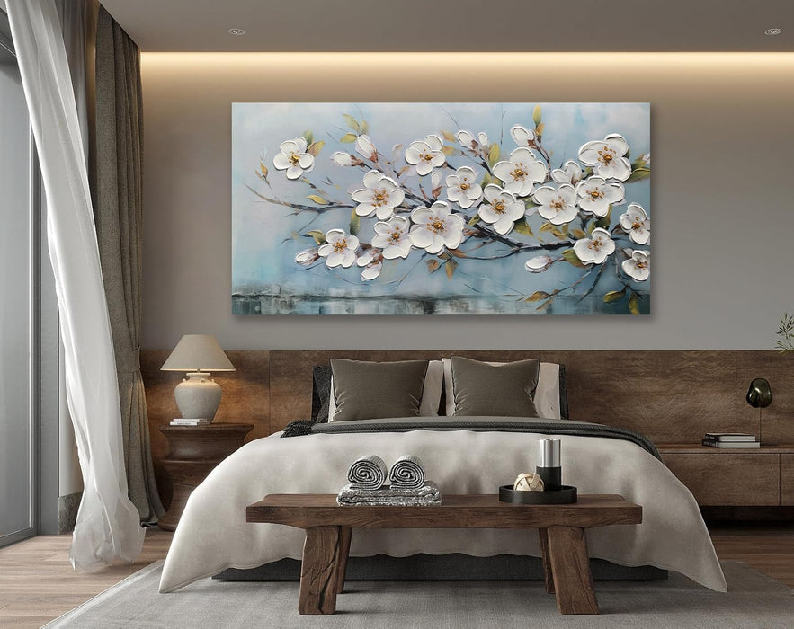 White Textured Flowers Wall Art for Living Room Canvas Wall Decor, Modern Elegant Landscape Wall Art for Dining Room Hallway Office Home 40"X20"