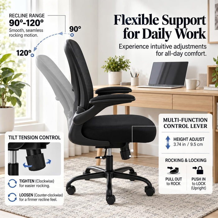 Ergonomic Office Chair with 90° Flip-Up Armrests and Adjustable Lumbar Support, Mid-Back Breathable Mesh Home Office Chair with 3.15” Thick Seat Cushion, 300Lbs Weight Capacity, 1PC, Black