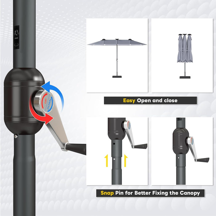 15Ft Double-Sided Patio Umbrella with Solar Lights, Outdoor Rectangle Market Large Patio Umbrella with Base Include|Crank Handle|156 PCS LED Lights for Garden Deck Pool in Grey(1.9" Pole)