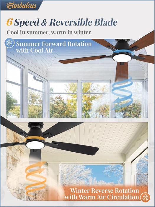 52 Inch Ceiling Fans with Lights, Smart Flush Mount Ceiling Fan and Remote APP, Modern Low Profile, 3CCT 20W LED with 6-Speeds Quiet Reversible Motor for Bedroom, Living Room, Kitchen, Black