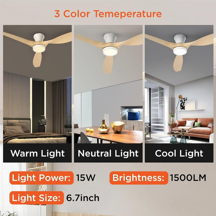 52 Inch Ceiling Fans with Lights and Remote, Flush Mount Low Profile Ceiling Fan with Reversible DC Motor ABS Blades for Bedroom Living Room Kitchen Light Oak Finish