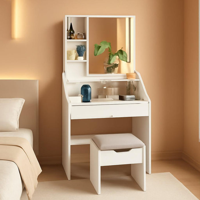 White Vanity Desk with LED Lighted Mirror, 3 Light Modes, Adjustable Brightness, Charging Station, Drawers & Shelves, Modern Makeup Vanity Table with Storage Stool for Bedroom, Dressing Room