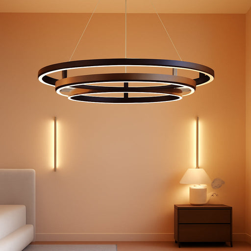 3 Ring LED Chandelier Modern Chandeliers Walnut Wood Black Dimmable 31''