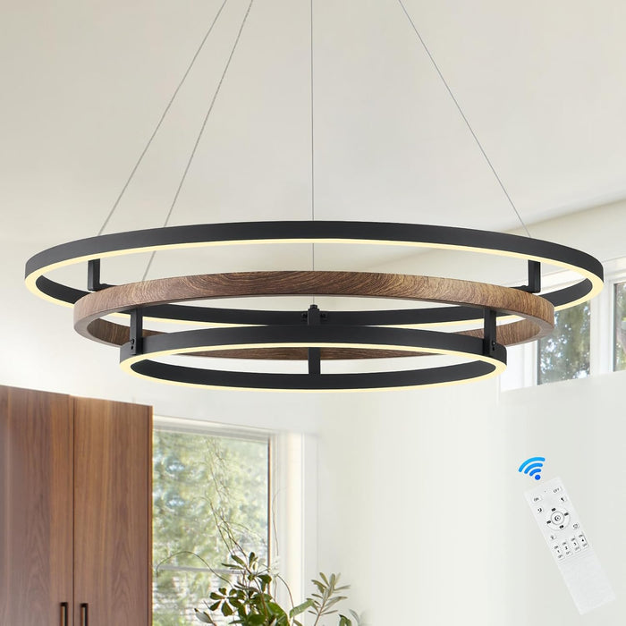 3 Ring LED Chandelier Modern Chandeliers Walnut Wood Black Dimmable 31''