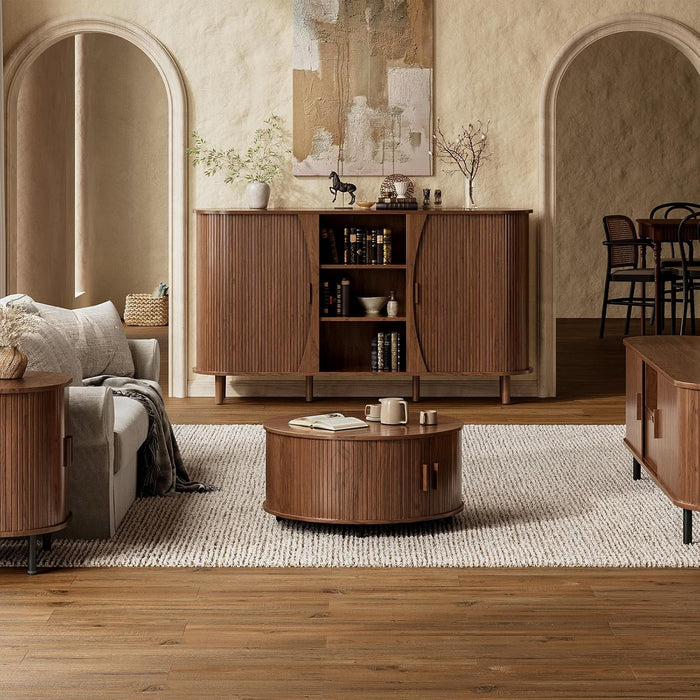59" Curved Buffet Cabinet with Storage, Sideboard Cabinet with Adjustable Shelves, Mid-Century Modern Buffet Cabinet with Sliding Doors and 6 Wood Legs, Storage Cabinet for Living Room, Walnut