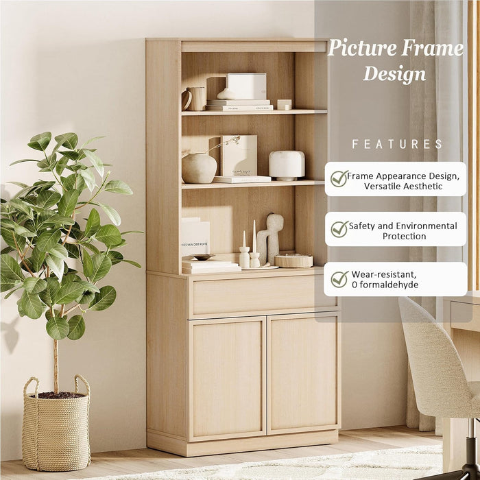 Modern 72" Tall Bookshelf with Doors, Drawers & Adjustable Shelves, Library Bookcase with Storage Cabinet and Open Shelving, Wood Bookcase for Home Office, Living Room, Beige, 1 PC